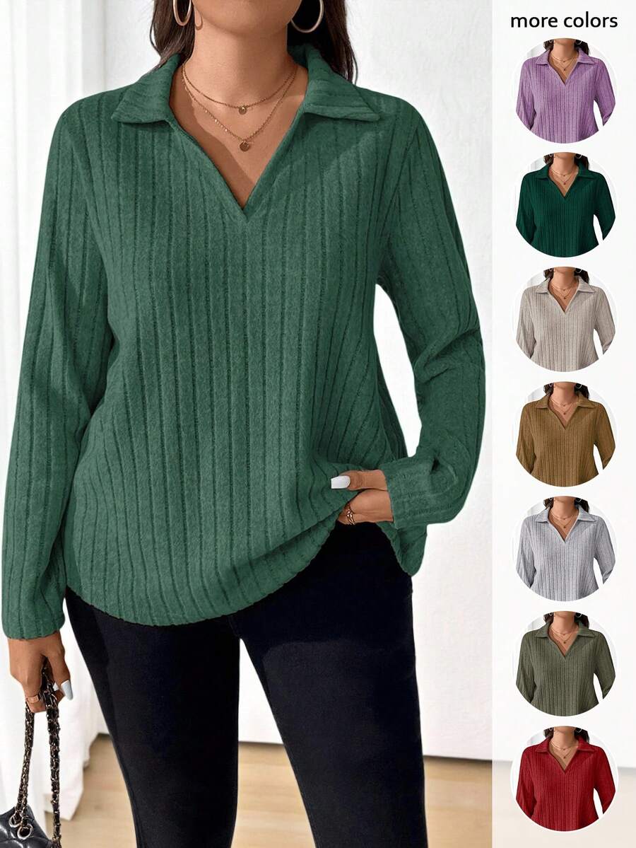 EMERY ROSE Plus Size Solid Color Ribbed Collar Long Sleeve T-Shirt, Casual Autumn Fall - Green - View 1