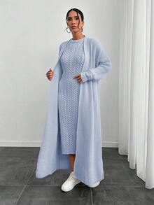 EURMUSE Damen Herbst/Winter Dicke Zopfstrick Strickjacke und Rundhals Langarm Strickkleid Lässig 2 Stücke Set - Babyblau - Übersicht 3