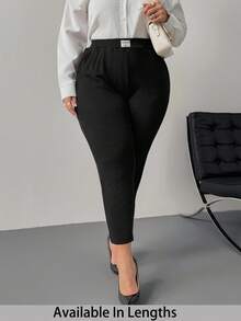 SHEIN PETITE CURVE 大码休闲简约口袋裤，保暖内衬，适合秋冬季 - 黑色 - 查看 3