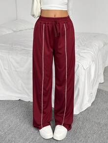 Pantalones casuales rectos de pierna ancha con dobladillo de cordón en color borgoña para adolescentes, deportes al aire libre - Rojo - Ver 5