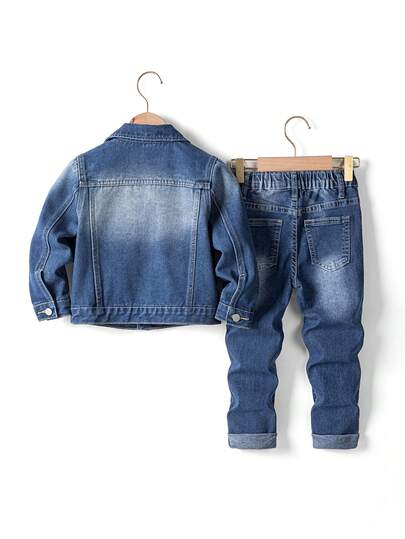 SHEIN Playful Pals 2 件套年轻男孩牛仔裤套装，秋冬新品，中蓝色牛仔布，休闲学院风，破洞设计，修身剪裁，牛仔夹克外套，弹性柔软的面料，舒适，适合日常穿着、上学、通勤