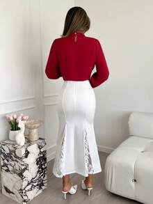 Xyvia Women's Elegant Vintage White Lace High-Waisted Mermaid Skirt,Classy Autumn Gold Button Mid-Length Office Party Skirt,Slim Simple A-Line Skirt - White - View 2