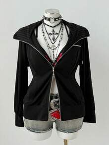 Sunspun Sudadera con cremallera y cordón ajustable de manga larga para mujer de talla grande - Negro - Ver 4