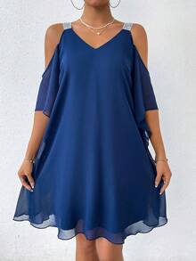 EMERY ROSE V-Neck Open Shoulder Loose Casual Dress - Royal Blue - View 6