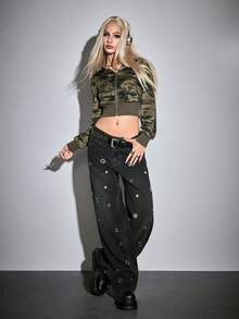 ROMWE Grunge Punk 时尚迷彩金属孔眼女式短款长袖卫衣 - 彩色 - 查看 7