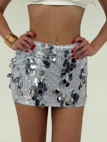Aloruh Glitter Low-Waist Mini Skirt, Versatile For Music Festival, Young Streetwear - Silver - View 2