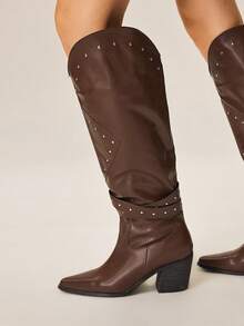 Styleloop Giày bốt đế gỗ ấm áp thoải mái, đơn giản dành cho nữ, thích hợp cho Halloween, Giáng sinh, trang phục dự tiệc, bốt cao bồi - Cà phê nâu - Xem 7