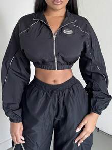 Alexandranx Letter Patched Detail Contrast Piping Crop Black Fall Clothes Women Jacket - Black - View 3