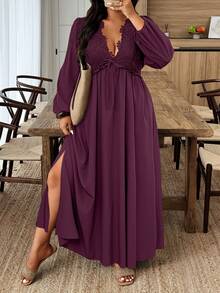 Weeklong Vestido plus size de cor sólida, decote em V profundo, sexy, manga comprida - Borgonha - Ver 4