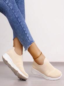 Tenis para mujer de tejido  transpirable, punta redonda, sin cordones, plataforma cómoda, estilo deportivo para gimnasio y uso diario - Beis - Ver 1