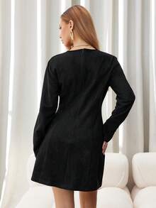 SHEIN Unity Vintage Long Sleeve Short Dress With Asymmetric Hem And Side Slit Elegant Dress - Brown - View 2
