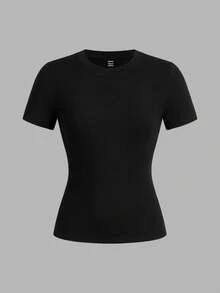 SHEIN EZwear 3pcs Women Crew Neck Solid Striped Casual Fitted Short Sleeve T-Shirt Set, Suitable For Summer - Multicolor - View 5
