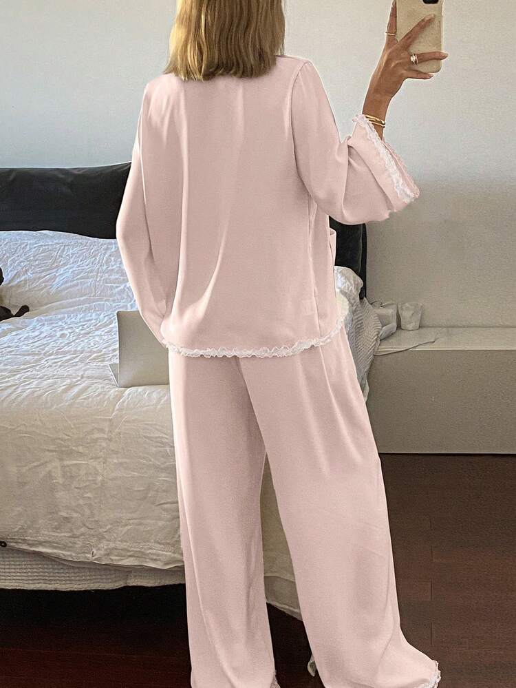 Women's Satin Lace Ruffle Trim Sleepwear Pajama Set, Spring, Fall Winter Clothes Pajama