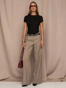 SHEIN BAE Quần ống rộng dáng rộng màu trơn có túi dành cho nữ khi đi làm - Cà phê nâu - Xem 7