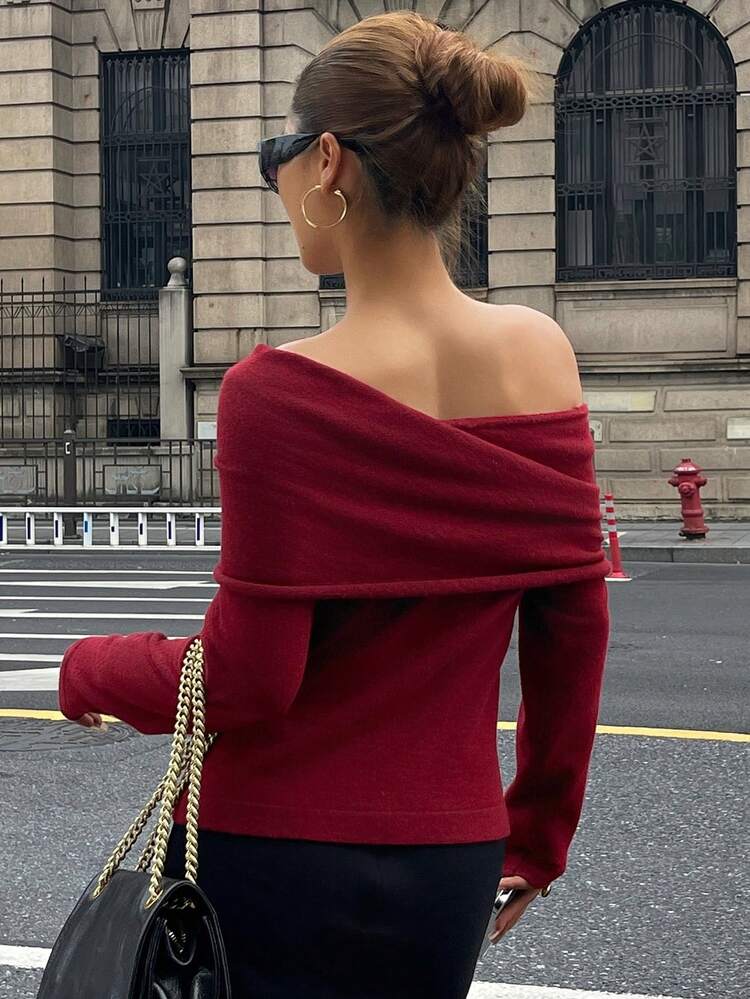 Women's Elegant Solid Color Off Shoulder Sweater, Autumn