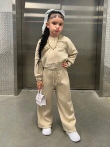 SLAYR Young Girl Young Girls Solid Color Stand Collar Long Sleeve Knit Sweatshirt Sweatshirt Set, Apricot, Autumn/Winter, Matching Sister Styles