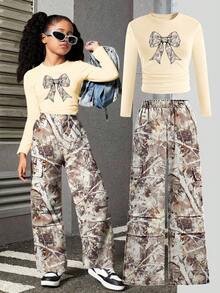 2 pièces Set: Pantalon camouflage et Top à manches longues imprimé nœud, tenue streetwear pour filles, convient pour l'automne/l'hiver - Multicolore - Voir 2