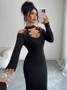 Elenzga 优雅性感修身婚礼派对女式约会晚礼服，设计感蕾丝拼布纯色高领长袖紧身长裙，秋冬 - 黑色 - 查看 5