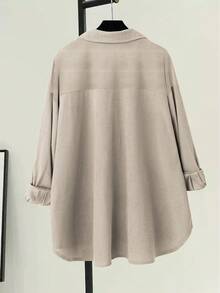 EMERY ROSE Áo sơ mi dài tay dáng rộng, đơn giản, màu trơn, chất liệu nhung kẻ, dễ mặc, dễ đi làm, cỡ lớn, mùa thu - Màu be - Xem 2