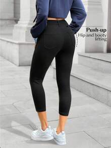 Flexra Women's Solid Color Elastic Skinny Pocket Casual Capri Jeans - Black - View 2