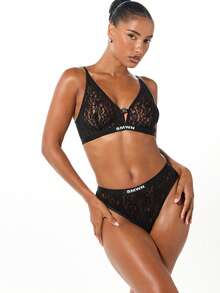 SUMWON WOMEN High Waisted Lace Briefs With Branded Elastic Waistband Underwear Christmas Gift - Black - View 3