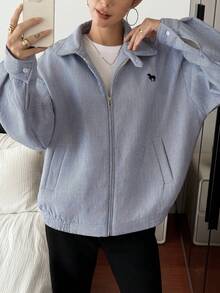 DAZY Damen gestreifte Jacke mit bestickter Verzierung und Thermofutter, Herbst/Winter - Blau - Übersicht 5