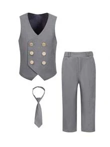 SHEIN 3pcs Boys Suit Set: Vest + Pants + Matching Grey Tie, Suitable For Stage Performance, Wedding - Grey - View 4