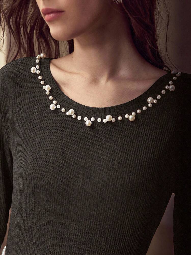 FAUX PEARL DECOR ELEGANT CASUAL COMMUTE FITTED T-SHIRT