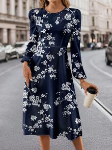 SHEIN Clasi Đầm ôm cổ tròn tay dài họa tiết hoa màu xanh navy dành cho nữ, phù hợp cho mùa thu/đông - Nhiều màu - Xem 5