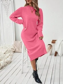 SHEIN Gaun Sweater Panjang Kasual Chic Leher Bulat Warna Fuchsia untuk Wanita - Hot Pink - View 6