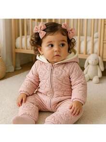 Loomiva Combinaison à capuche à manches longues en couleur unie confortable pour bébé fille - Rose bonbon - Voir 1