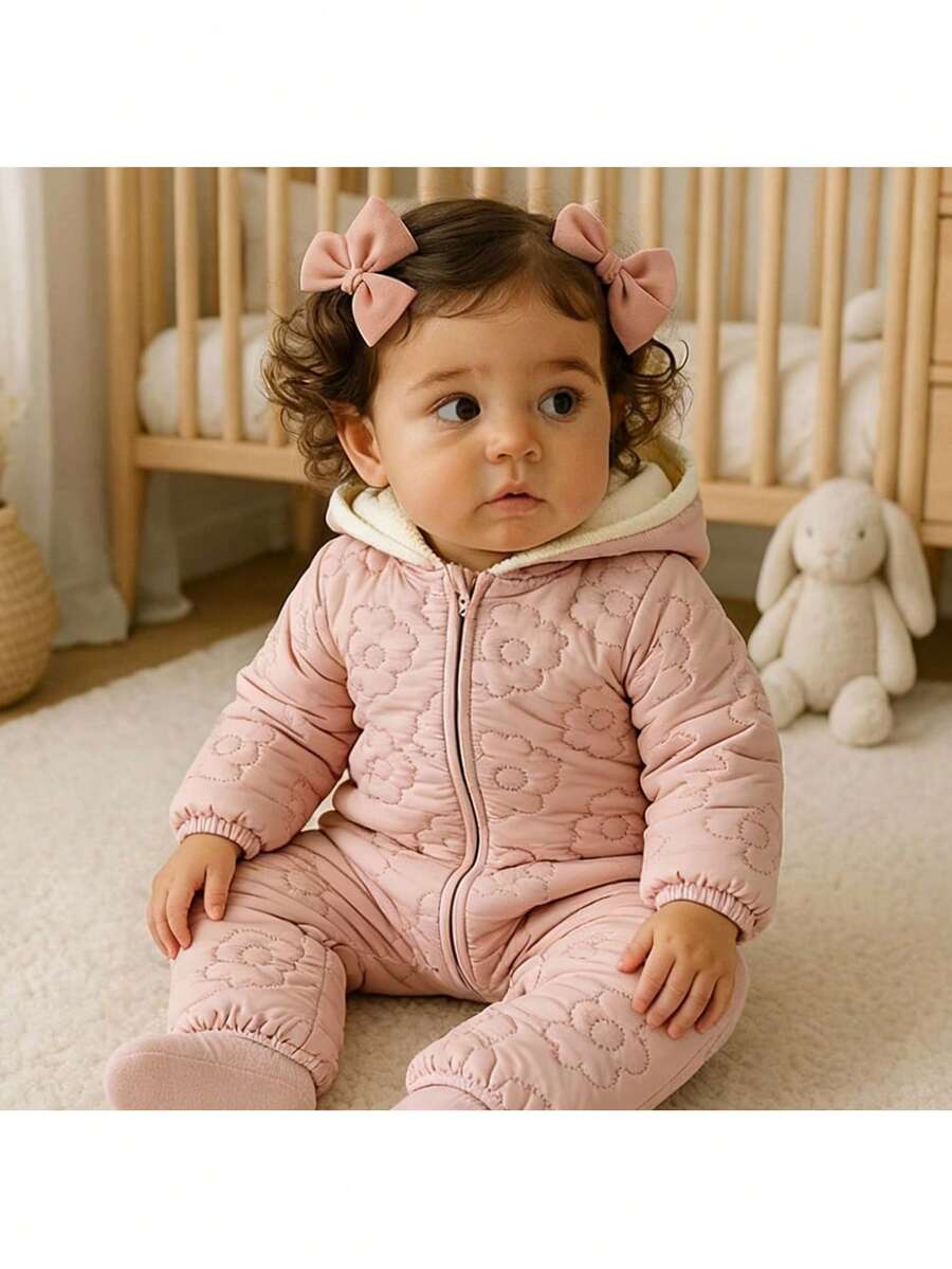 Loomiva Combinaison à capuche à manches longues en couleur unie confortable pour bébé fille - Rose bonbon - Voir 1