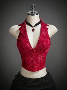 SHEIN ICON 万圣节角色扮演 V 领红色紧身胸衣哥特式派对性感提花编织红色领口露背可调节系带连衣裙 - 紅色 - 查看 1