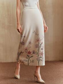 Anewsta 女士新款优雅印花针织中长裙，适合秋冬、圣诞节、新年、派对，优雅、奢华、正式、别致 - 杏色 - 查看 3