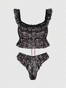 ROMWE Kawaii Baby Doll Sexy Lingerie Set For Women, Bow Print Tie-Up Design - Black - View 2