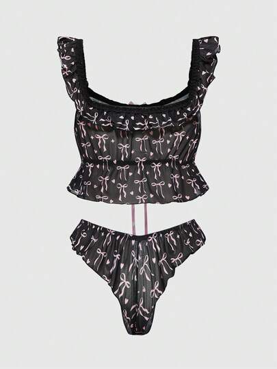 Kawaii Baby Doll Sexy Lingerie Set For Women, Butterfly Print Tie-Up Design