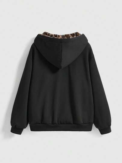 Goth Sweat-shirt-shirt style mode de rue grande taille imprimé léopard, style gothique grunge-punk. Sweat-shirt-shirt décontracté style de rue grande taille imprimé léopard noir pour l'automne/l'hiver. Sweat-shirt-shirt grande taille femme imprimé léopard noir, convient pour les trajets quotidiens et le style scolaire