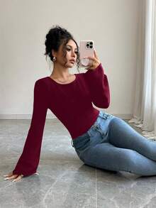 Selianne 女式纯色圆领喇叭袖修身毛衣，秋冬 - 酒紅色 - 查看 3