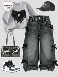 Girls (Small) Distressed Vintage Fashion Personalized Front Panel Split Bleached Denim Wide Leg Jeans With 3D Bow, Versatile All Season Blue Casual Bottoms Bows On Clothess Jeans With Bows Bow Outfit Girl Grey Girl S Outfit