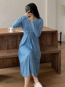 DAZY Váy dài thường ngày eo xoắn dành cho nữ, Thu/Đông - Màu xanh lam - Xem 4