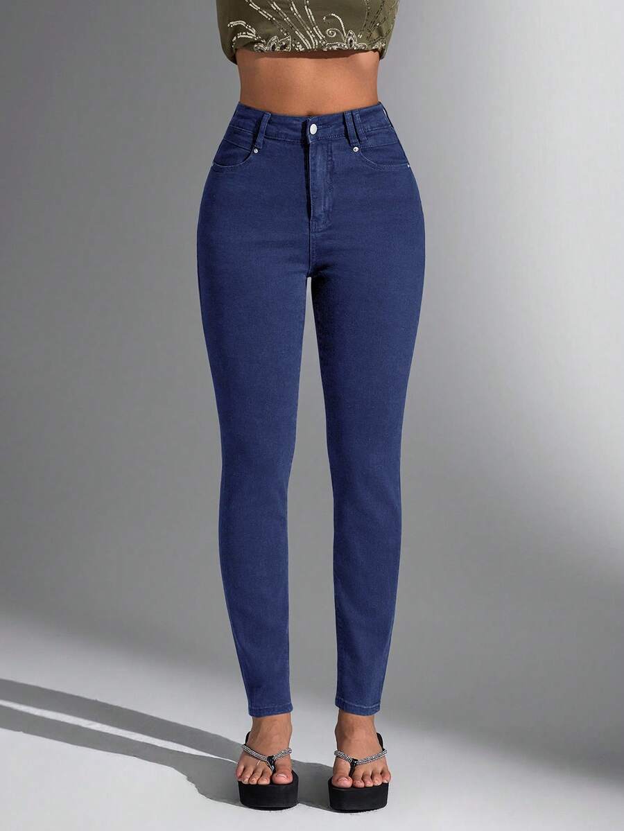 Jeanoix 高腰纯色时尚修身休闲牛仔裤，高腰牛仔裤，女士蓝色牛仔裤，女士牛仔裤，收腹牛仔裤，女士紧身牛仔裤 - 寶藍色 - 查看 1