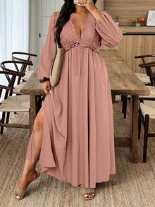 SHEIN LUNE Plus Size Elegant Lace Patchwork Side Slit Dress - Dusty Pink - View 5