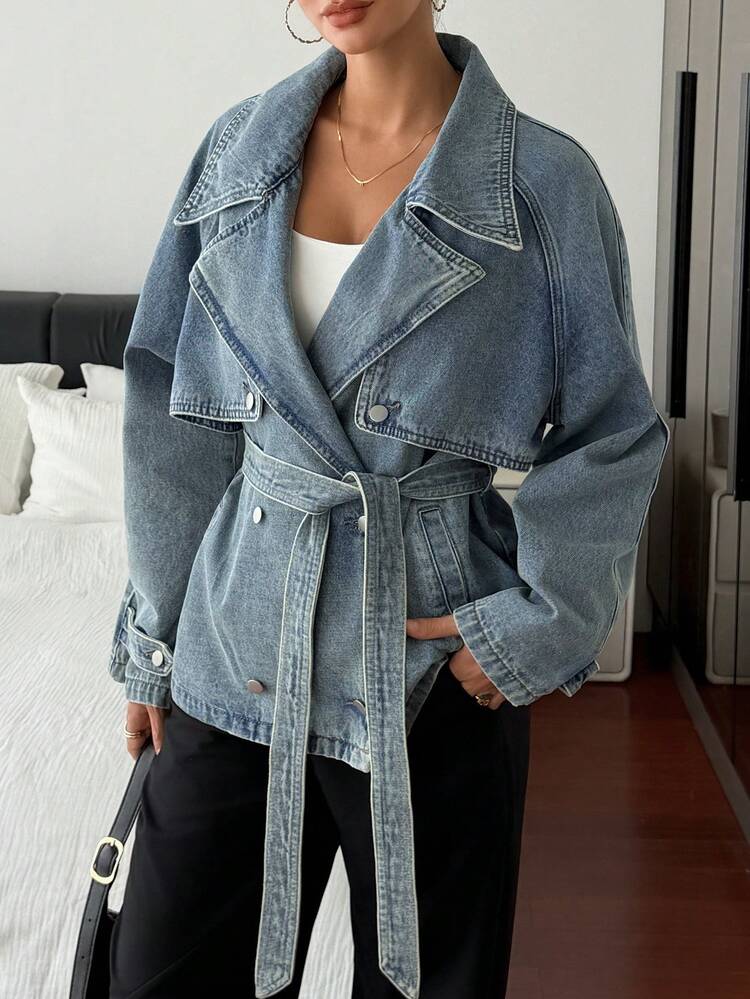Women's Lapel Belt Decor Short Casual Denim Jacket And Coat
