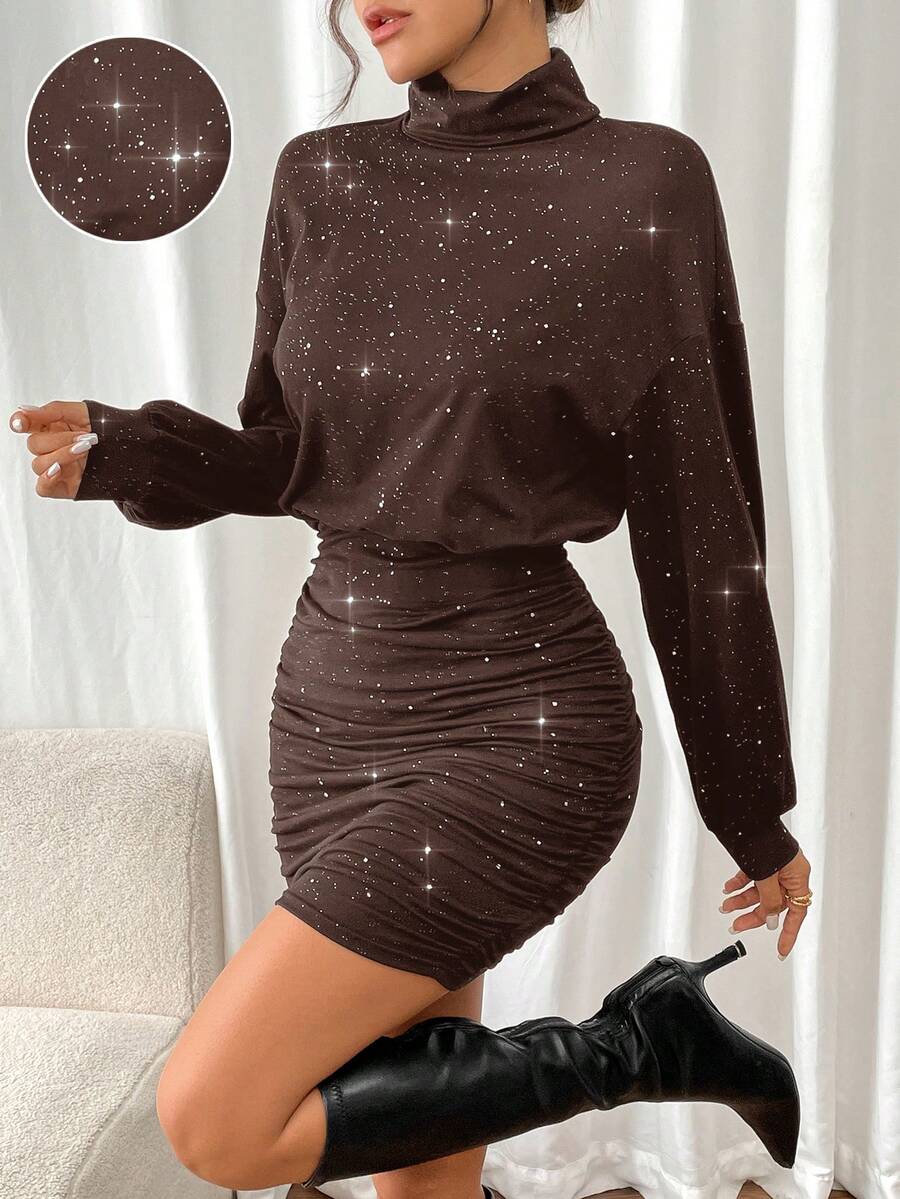 SHEIN Frenchy 女式闪光高领长袖迷你连衣裙 - 棕色 - 查看 1