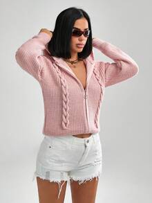 SHEIN Cottnline Áo khoác cardigan dệt kim cáp có mũ trùm đầu và khóa kéo dễ thương cho nữ, Quần áo mùa thu, mùa đông, Áo khoác cardigan, Quần áo mùa thu - Bụi hồng - Xem 7