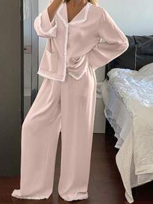 Livesso Women's Satin Lace Ruffle Trim Sleepwear Pajama Set, Spring, Fall Winter Clothes Pajama - Pink - View 6