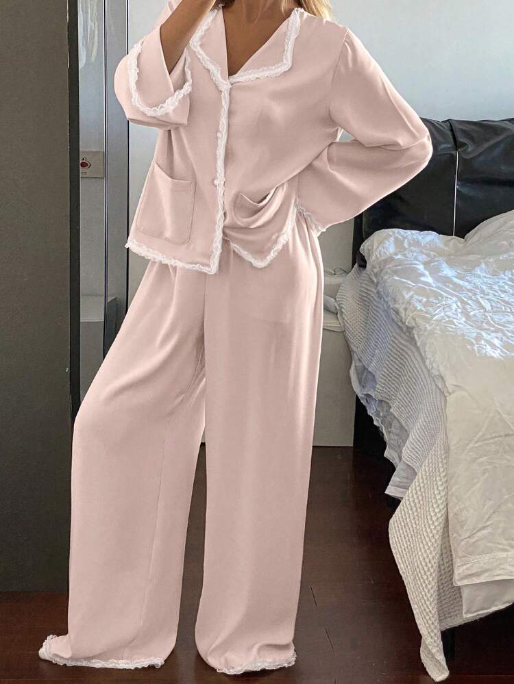 Women's Satin Lace Ruffle Trim Sleepwear Pajama Set, Spring, Fall Winter Clothes Pajama