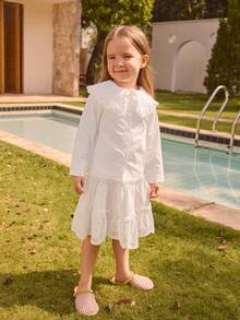 1 pieza Camisa de niña joven de moda para otoño, cárdigan de manga larga con cuello Peter Pan y ribete de volantes, blusa casual, versátil, elegante y linda para ir al trabajo