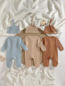 Loomiva 6pcs/Set Newborn Baby Boy/Girl Simple Solid Color Casual Outfit Gift Set, Romper, Hat - Multicolor - View 2