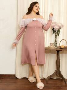 Côtesoire Plus Size Polka Dot Mesh Layered Ruffle Cold-Shoulder French Elegant Romantic Long Sleeve Ribbed Knit Nightgown, Winter - Coral Pink - View 3